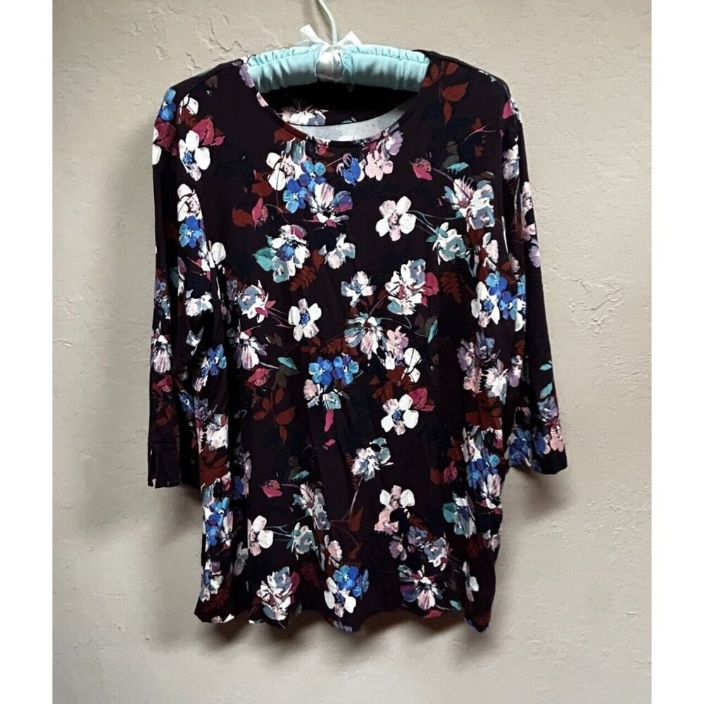 J.Jill Wearever Collection Multicolor Floral Crew Neck Ballet Sleeve Top Large